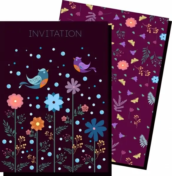 invitation card template dark violet flowers birds ornament