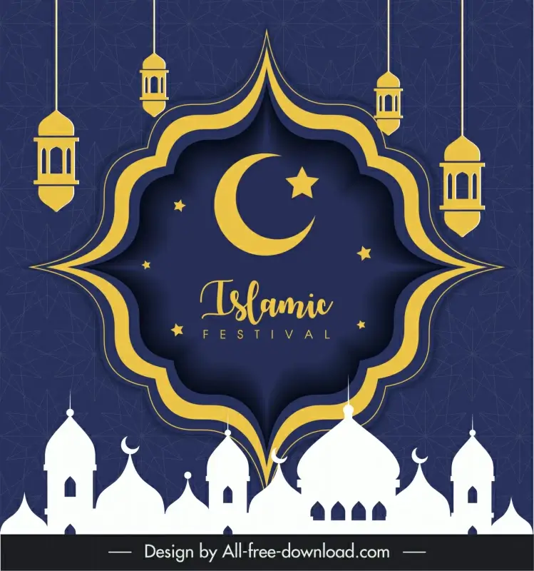 islam festival backdrop template silhouette architecture lights crescent stars decor