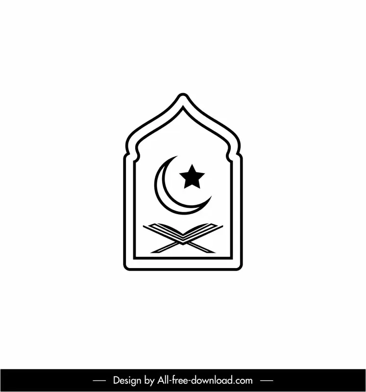 islam sign icon black white flat symmetric design star crescent scripture outline