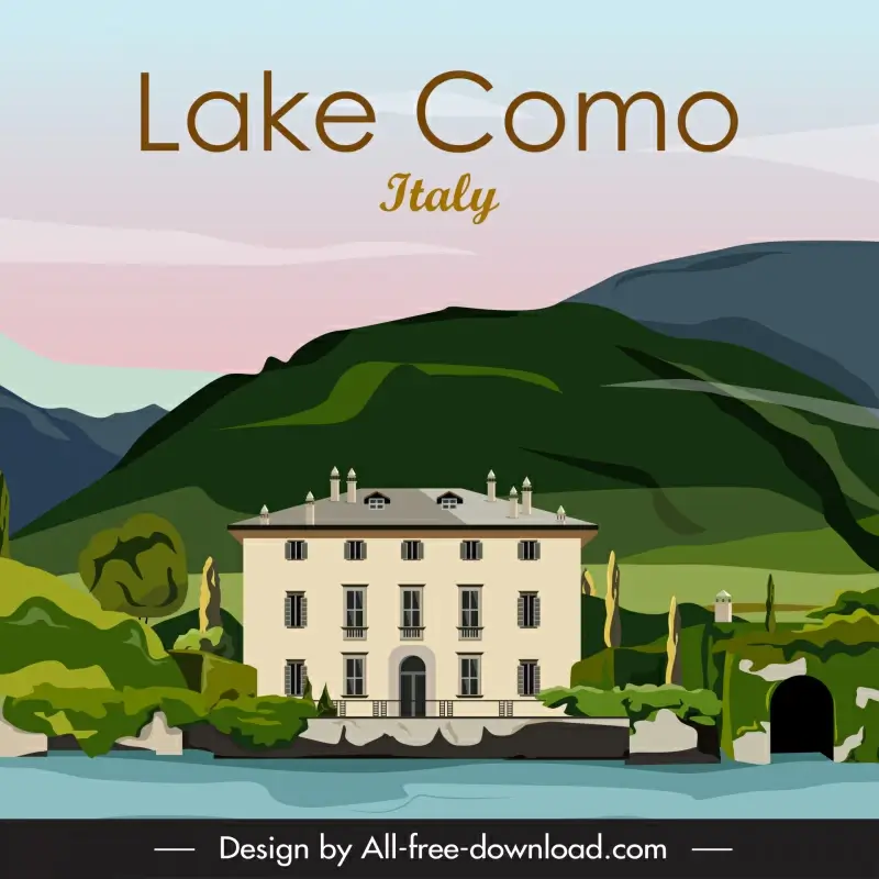 italian lake como advertising poster template classical design building mountain sketch