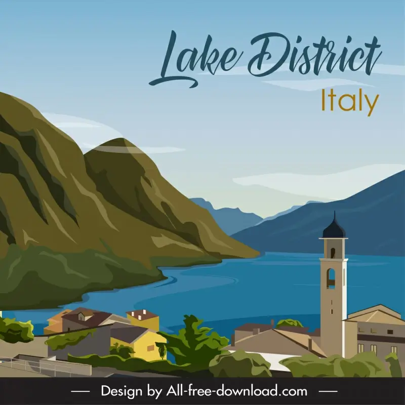 italian lake district advertising poster template classical mountain architecture sketch 