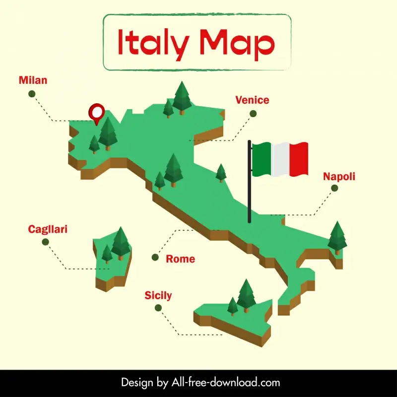 italy map icon 3d sketch flag trees location sketch