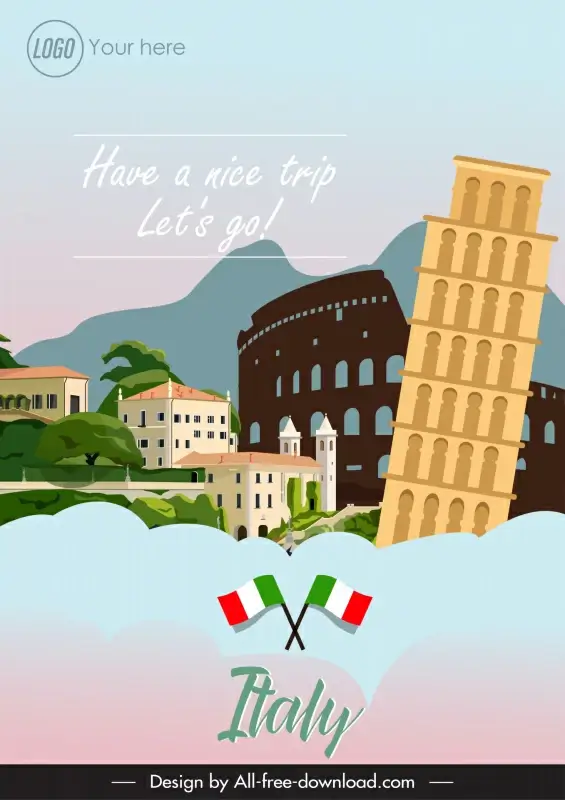 italy tourism advertising poster template architectural landmark scene outline 