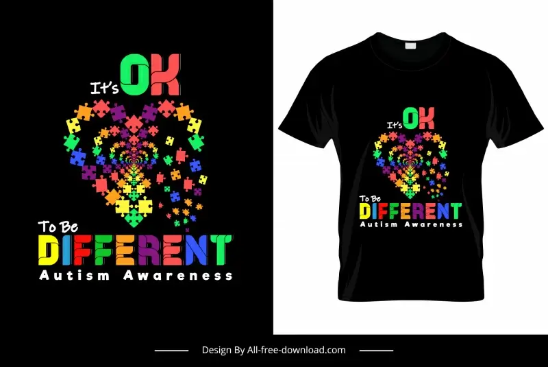 its ok to be different quotation tshirt template colorful puzzle joints pieces decor heart shape layout