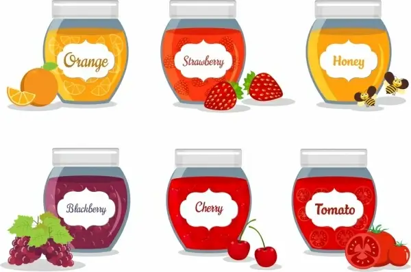 jam icons collection various fruit jar isolation