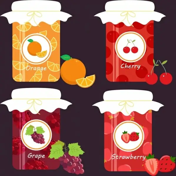 jam jars icons design various fruits icon
