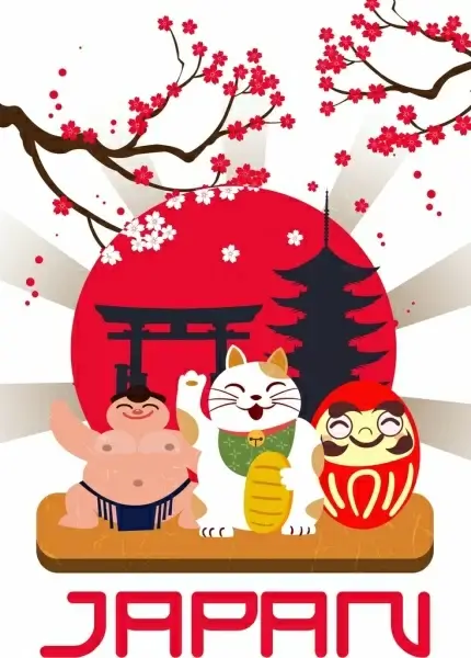 japan advertising banner sakura sumo cat sun icons