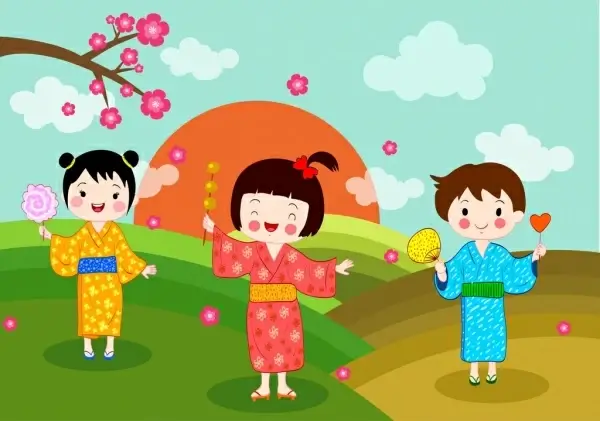 japan background kids traditional costumes colored cartoon