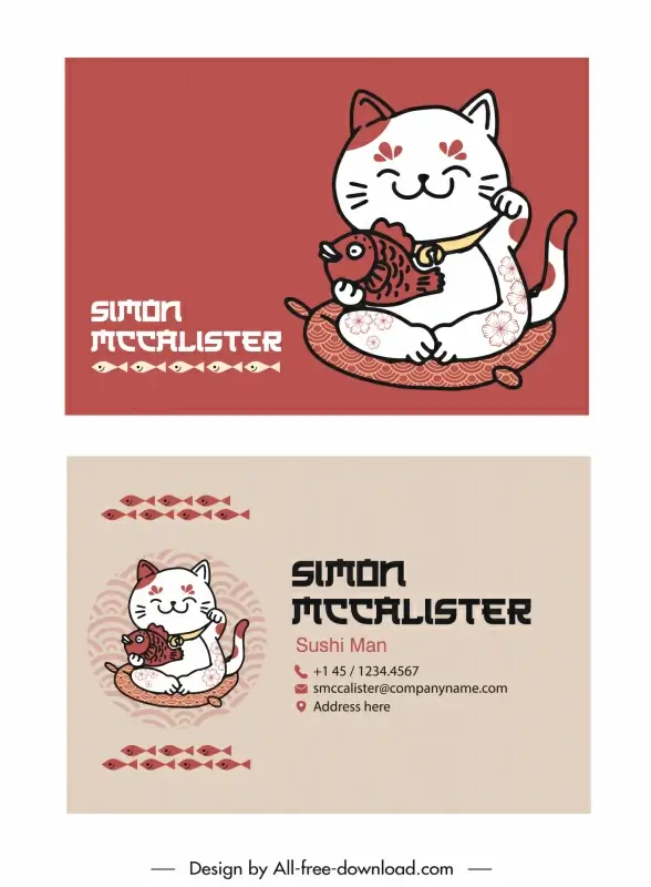 japan business card template cute flat classical handdrawn cat fish sketch