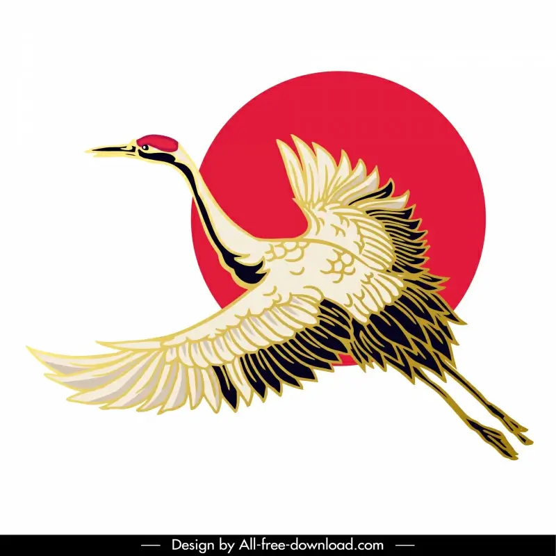japan design elements flying crane bird sun sketch 