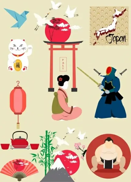 japan design elements various colored symbols