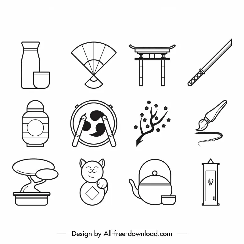 japan icon sets elegant flat classical black white handdrawn symbols 