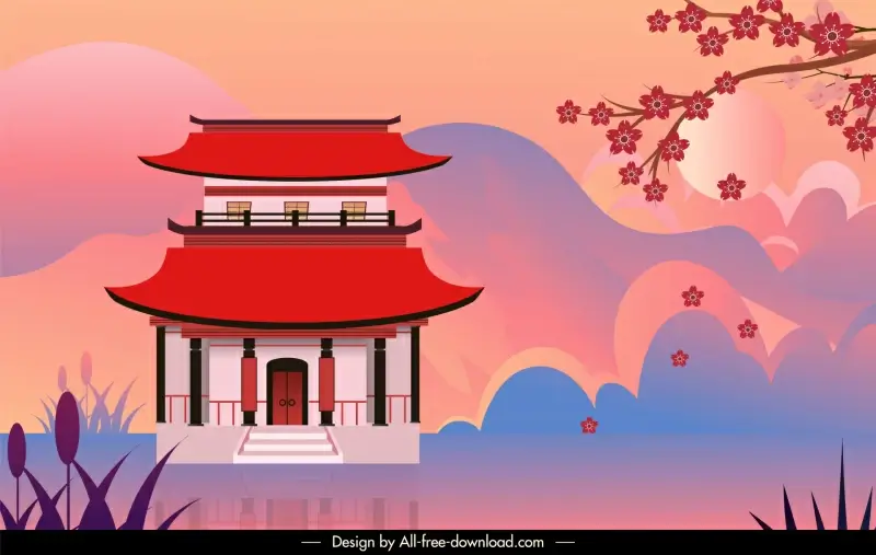 japan landcape backdrop template shiny elegant classic temple cherry blossom elements decor 
