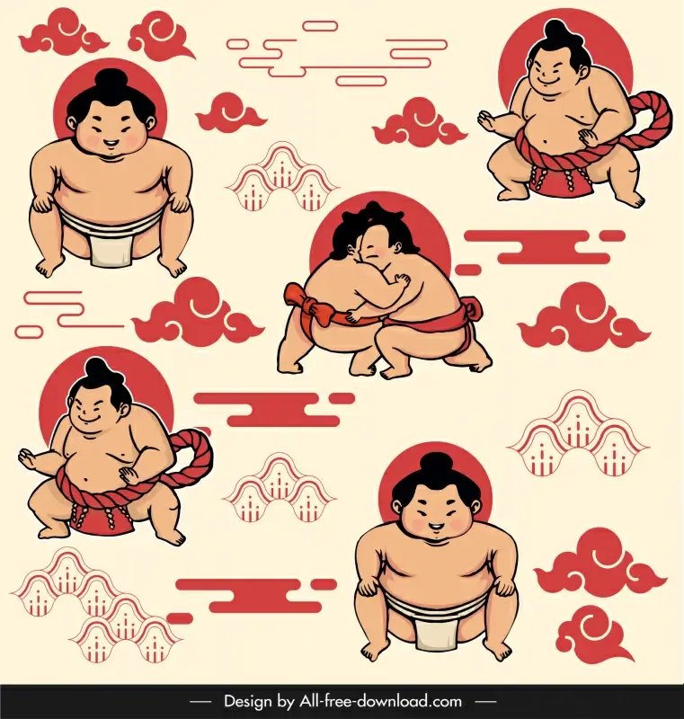 japan pattern template funny cartoon sumo characters sketch flat handdrawn design 