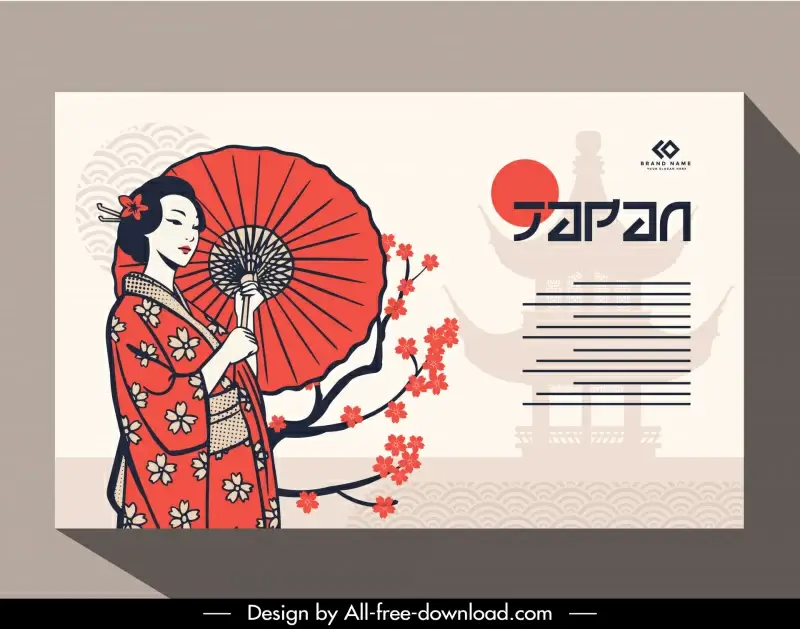 japan poster template geisha cartoon character cherry blossom castle silhouette decor 