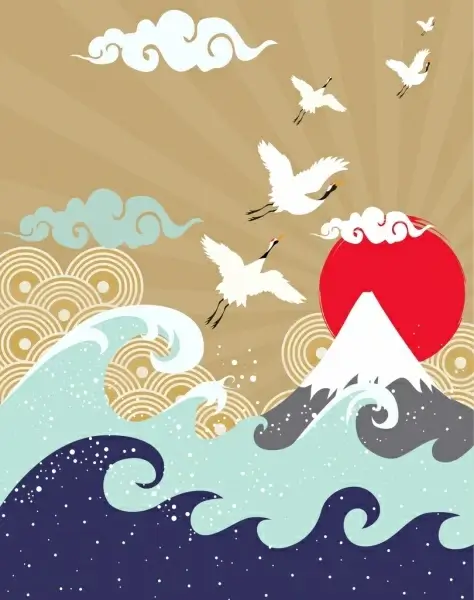 japan style drawing mountain waves sun birds icons