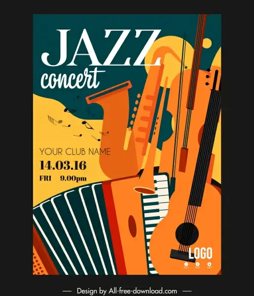 jazz concert poster instruments sketch colorful flat classic