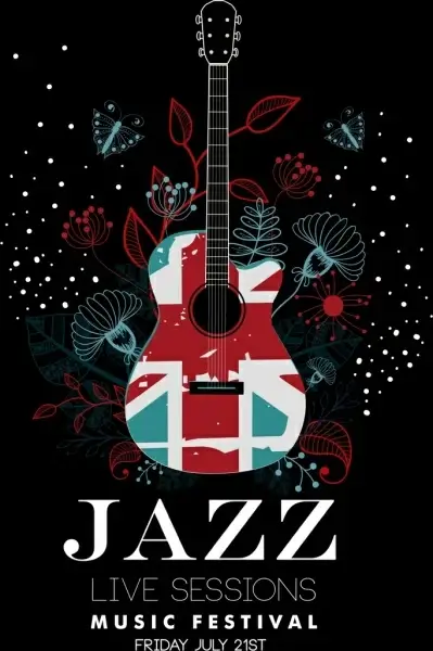 jazz festival banner guitar flower icons dark design