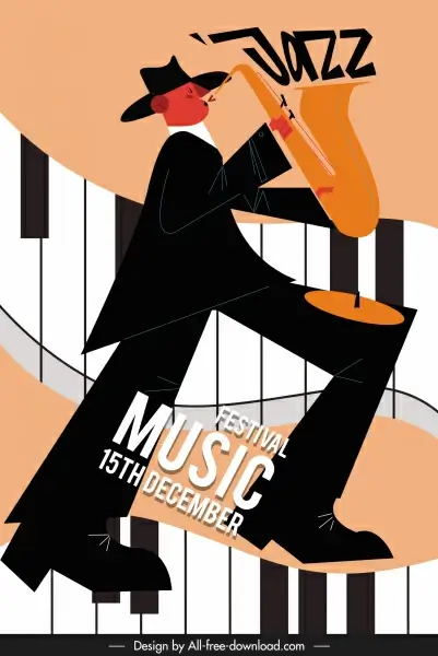 jazz festive poster saxophonist keyboard sketch classic design