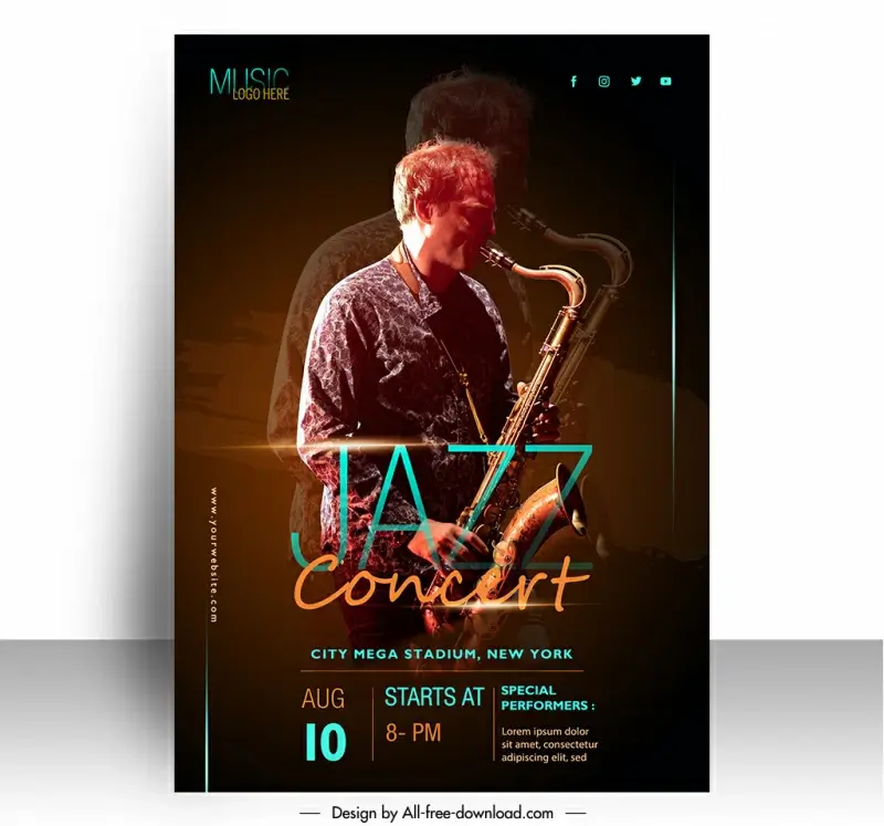 jazz music poster template saxophonist sketch elegant realistic design
