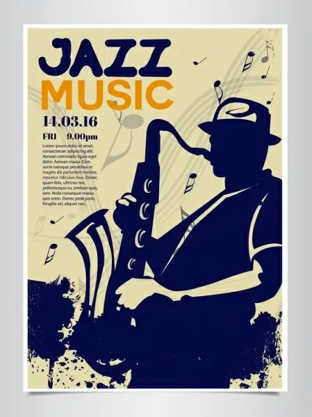 jazz poster saxophone player silhouette music notes decor