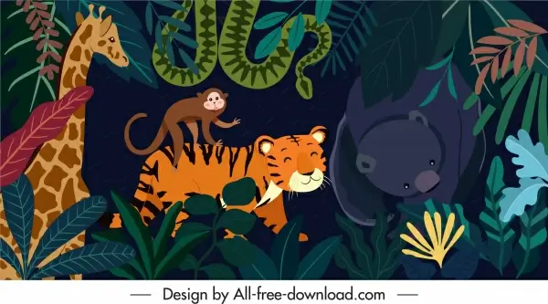 jungle background colorful animals characters sketch