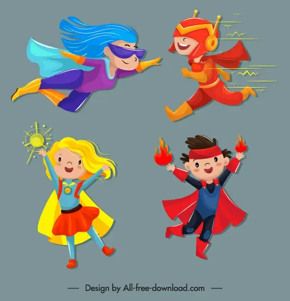 kid hero icons funny design cute cartoon characters