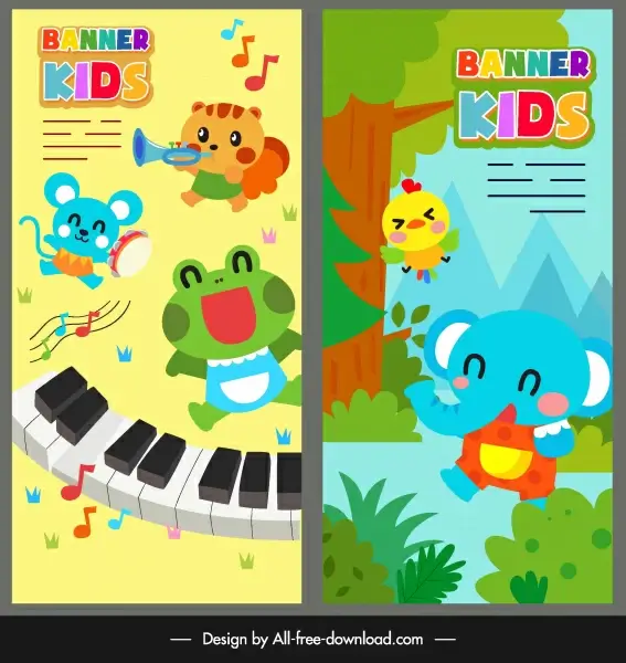 kids banner colorful cute cartoon animals stylization