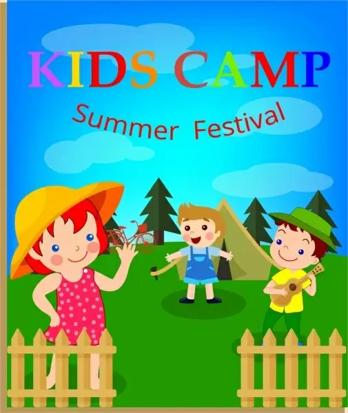 kids camp banner children icons multicolored cartoon design