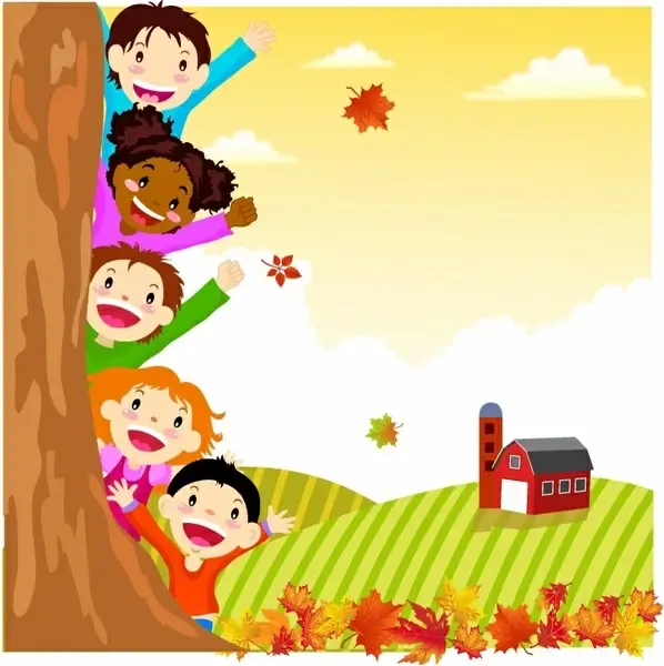 Kids Hiding Behind Autumn Tree