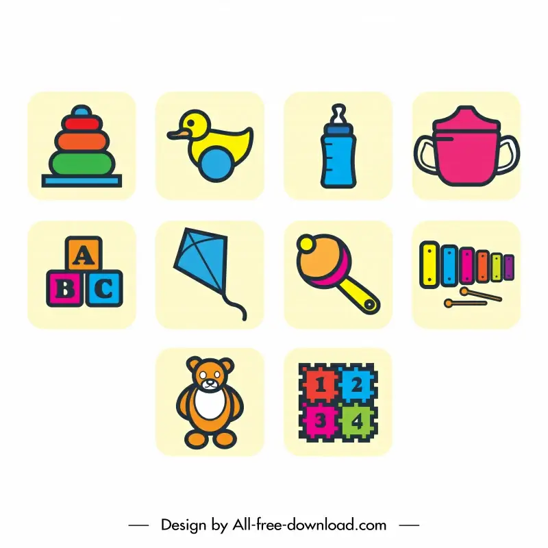 kids icon sets flat colorful classical handdrawn toys sketch
