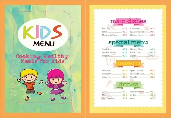 kids menu vector illustration with colorful cute design