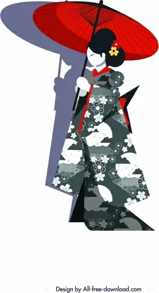 kimono girl icon umbrella decor cartoon character sketch