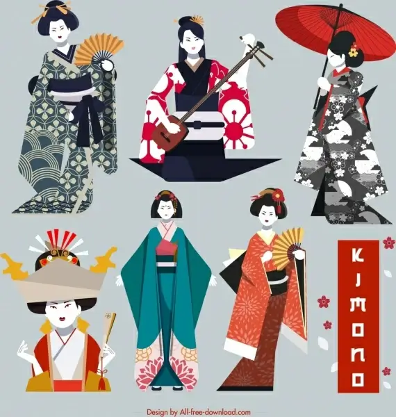 kimono girl icons colored classical design