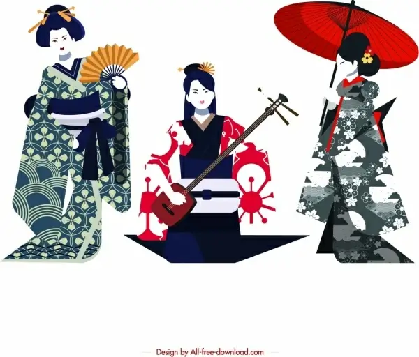 kimono girl icons colored retro design cartoon characters