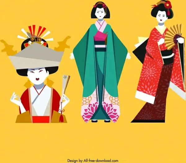 kimono girls icons colorful classical design cartoon characters