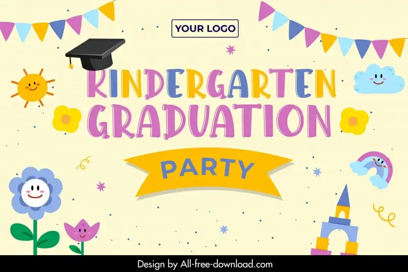 kindergarten graduation backdrop  template flat cute stylization sky elements