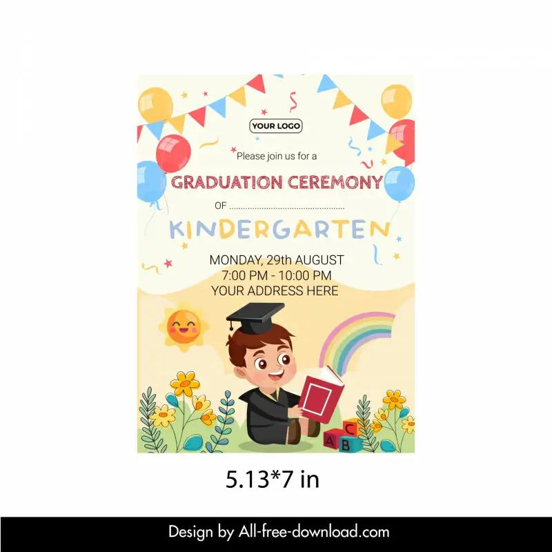 kindergarten graduation invitation poster template cute cartoon boy 