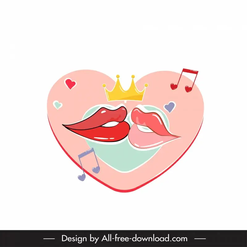 kiss valentine design elements funny dynamic lips crown music notes sketch