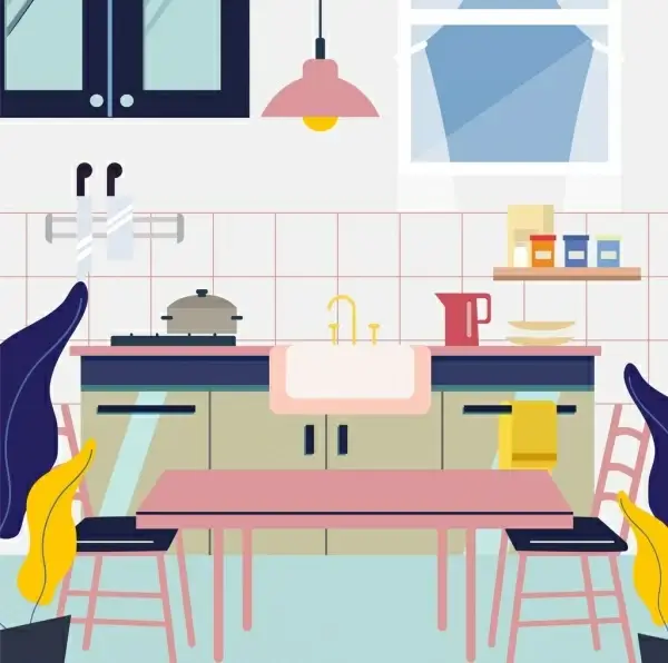 kitchen background furniture utensils icons multicolored design