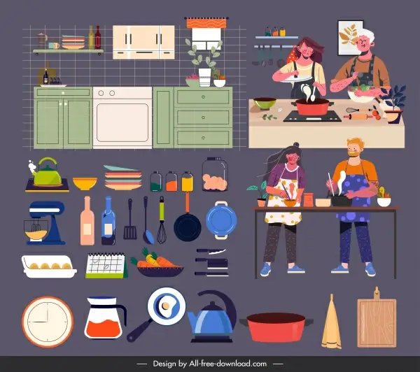 kitchen icons colorful objects cooks sketch
