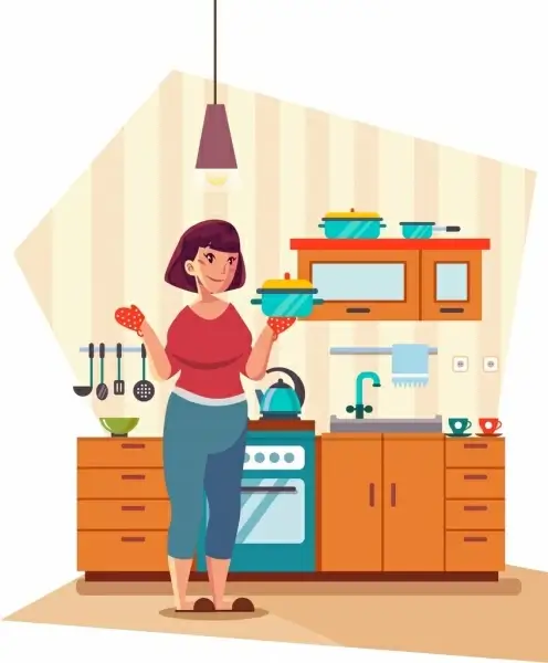 kitchen work background woman furniture icons cartoon design