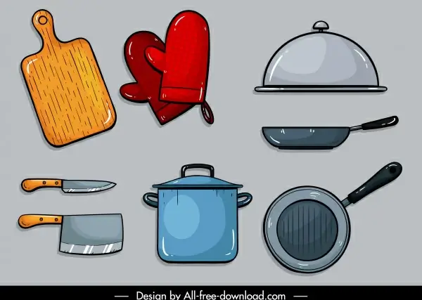 kitchenwares icons colored flat sketch