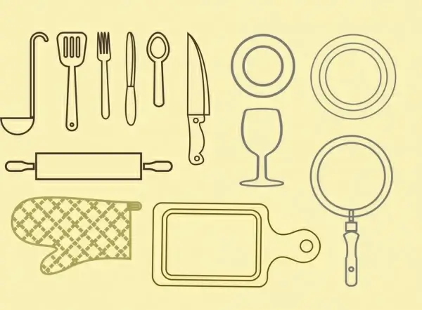 kitchenwares icons outline various flat design
