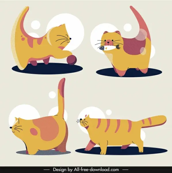 kitties icons cute design classical yellow handdrawn sketch