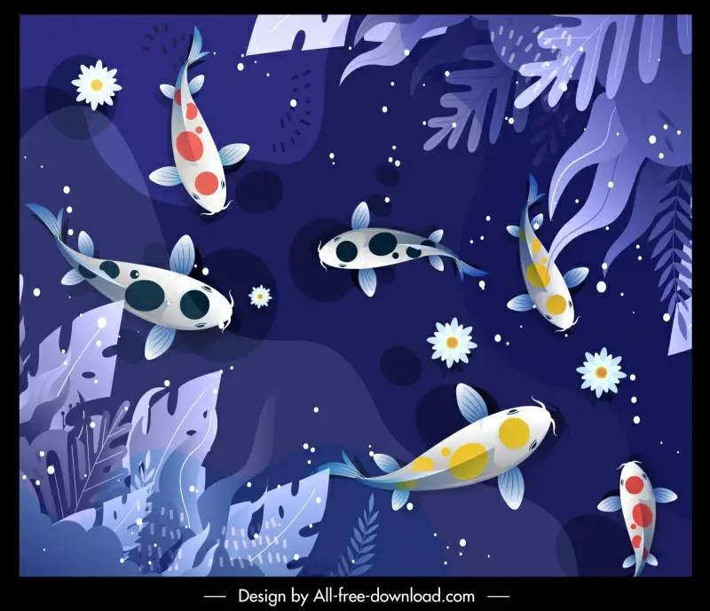 koi fishes scene painting dynamic flat sketch