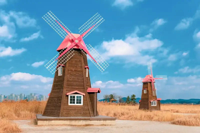 korea scenery picture bright meadow windfarm scene 