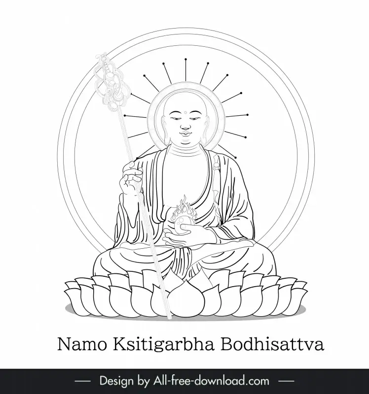 ksitigarbha bodhisattva sign icon flat black white cartoon character outline 