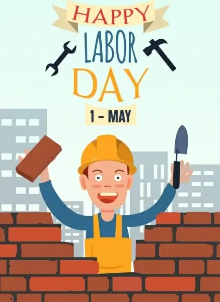 labor day banner worker brick wall colored cartoon