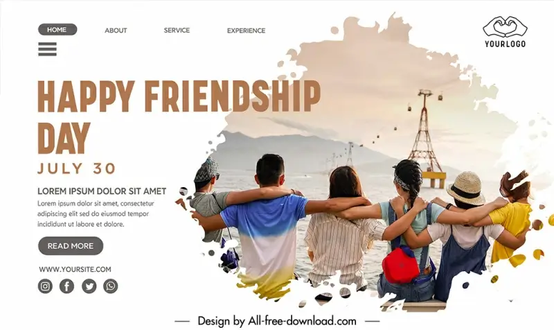 landing page international day of friendship template shoulder to shoulder friends sea scene sketch modern design 